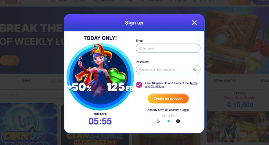 Sign up at Sweety Win Casino with +50% bonus and 125 freespins